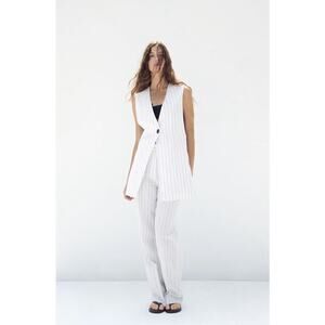 Zara Pinstripe Vest Pants Trouser Suit Linen Cotton White Black NWT S/XS